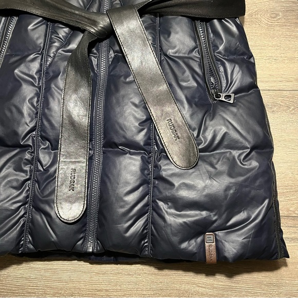 Rudsak navy down winter coat with leather waistband and details - Picture 8 of 16